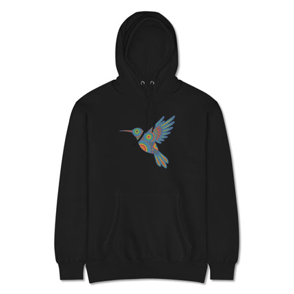Vibrant Huichol hummingbird art graphic printed on a colorful indigenous pullover hoodie.
