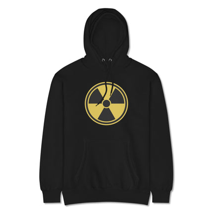 Black hoodie featuring the radioactive symbol and nuclear hazard warning graphic print.
