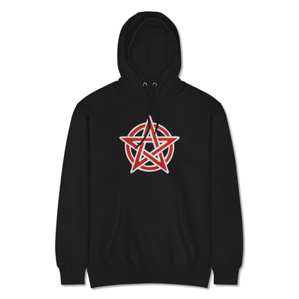 Red pentacle occult symbol graphic printed on a comfortable pullover hoodie.