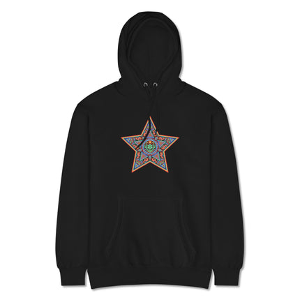 Vibrant Huichol Star pattern hoodie featuring geometric indigenous art fleece pullover design.