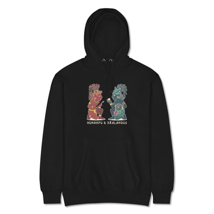 Hunahpu and Xbalanque Maya Hero Twins graphic print on a pullover hoodie.