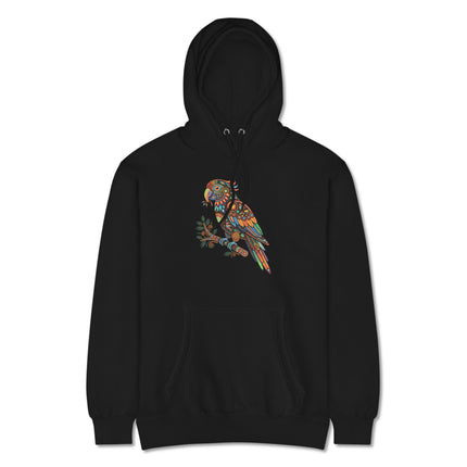 Bohemian huichol parrot spirit art hoodie with colorful mandala bird design print.