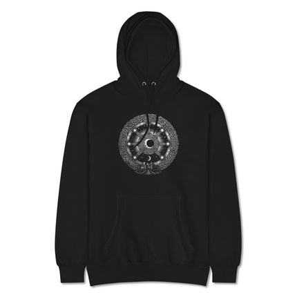 Arianrhod's Silver Wheel hoodie featuring a Celtic Mythology lunar chart design pullover.