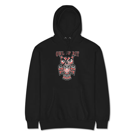 Red and black owl spirit hoodie featuring Pacific Northwest indigenous artwork design.