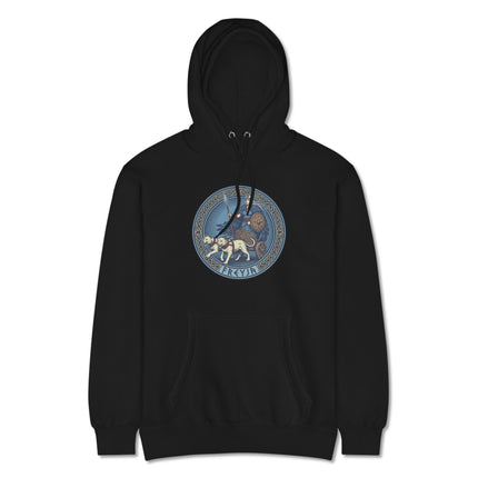 Freyja Norse Goddess chariot and dogs design on a unisex Viking mythology pullover hoodie.