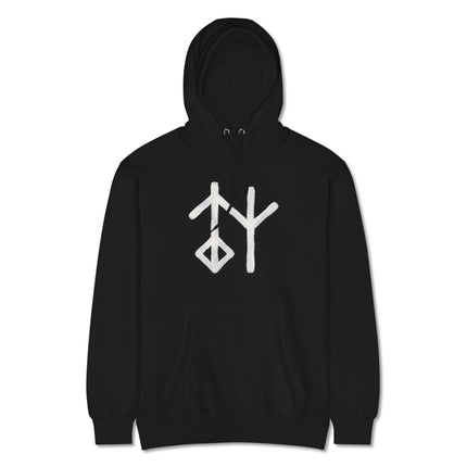 **Option 1 (Most Keyword-Rich):**
Norse Wisdom Bind rune symbol hoodie featuring Galdrastafir mythology design.

**Option 2 (Concise & Natural):**
Black pullover hoodie with Norse runic symbols and Wisdom Bind design.

**(Recommendation: Use Option 1, as it incorporates the specific product name "Galdrastafir" which is a strong long-tail keyword.)**