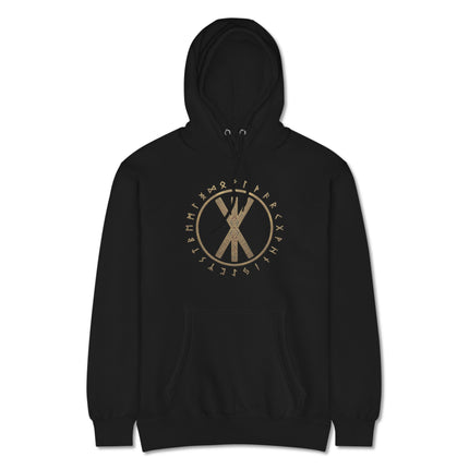 Elder Futhark rune design on black Norse Viking pullover hoodie.