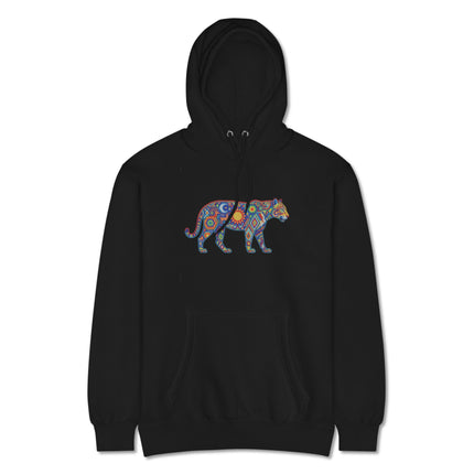Colorful Huichol jaguar art graphic on a cozy fleece pullover hoodie design.