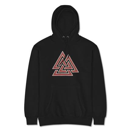 Red Valknut Viking symbol hoodie with Norse mythology graphic print.