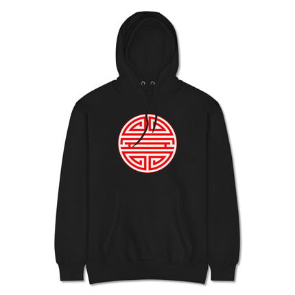 Graphic hoodie featuring Chinese Shou Longevity Symbol design print on fleece pullover.