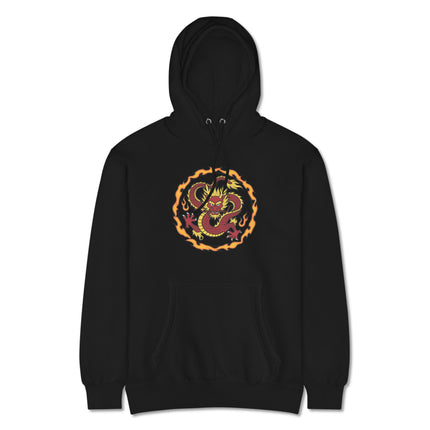 Fiery Chinese dragon and serpent print unisex pullover hoodie featuring mythological flames.