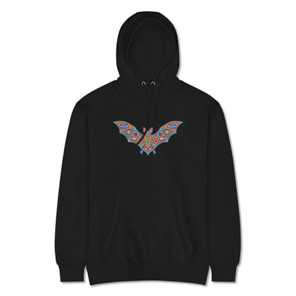 Colorful Huichol indigenous art bat design printed on a comfortable pullover hoodie.