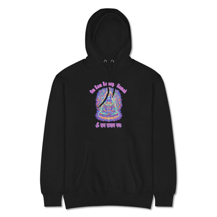 Lord Rama psychedelic print featuring Om Ramaya Namah Hindu mantra pullover hoodie.