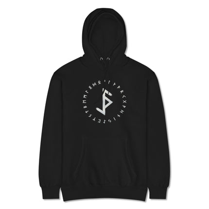 Black pullover hoodie printed with protective Norse bind runes for magical protection.