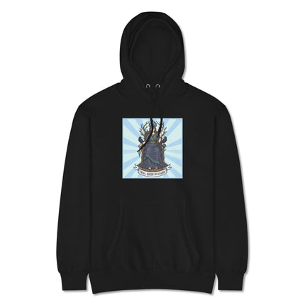 Frigg Queen of Asgard pullover featuring Norse mythology goddess art and raven throne design.