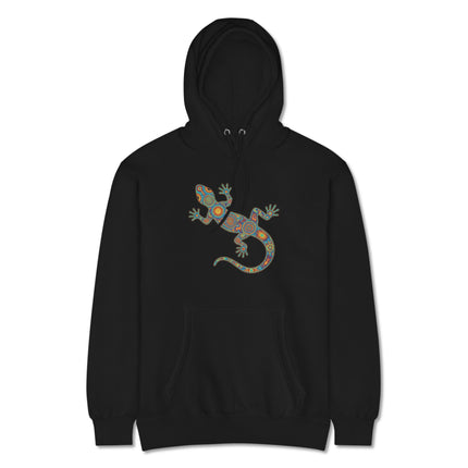 Colorful Huichol gecko lizard pullover hoodie featuring vibrant Mexican folk art designs.