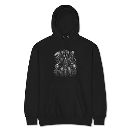 Norse Hel Queen hoodie featuring a dark design of skulls, dragon, and death throne mythology art.