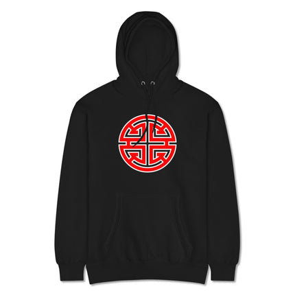 Red pullover fleece hoodie featuring a Chinese Lu prosperity symbol graphic print in vibrant red.