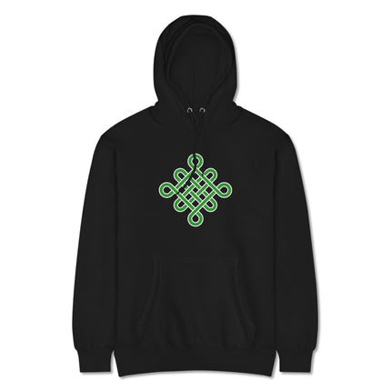 Green unisex hoodie featuring a detailed Celtic endless knot graphic print on a comfortable pullover sweatshirt.