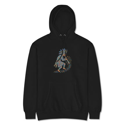 Colorful Kokopelli flute player design on a Southwestern Native American art pullover hoodie.