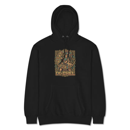 Graphic print of Ixchel, the Mayan goddess, in an ancient Mesoamerican art style design.