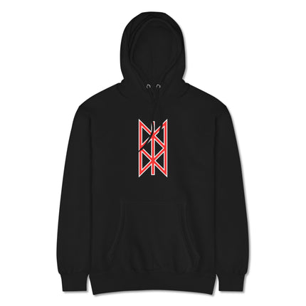 Red Norse Web of Wyrd graphic hoodie featuring Viking mythology design on a red pullover fleece.