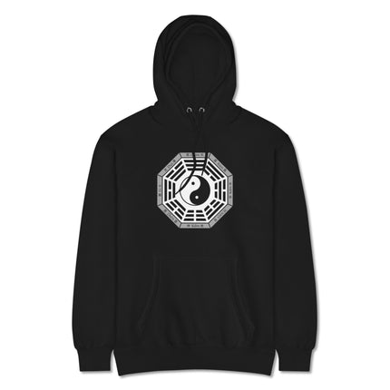 Unisex pullover hoodie featuring Bagua, Yin Yang, and I Ching trigram graphic print.
