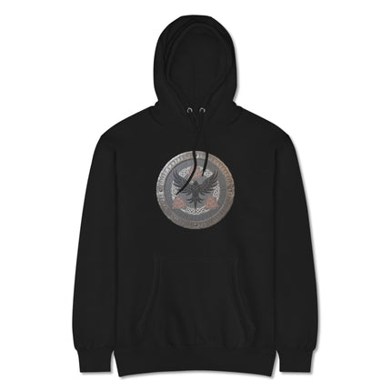 Norse raven shield hoodie featuring detailed Viking runic symbols and mythology design print.