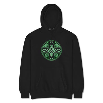 Celtic cross knotwork design on a green Irish pride unisex pullover hoodie sweatshirt.