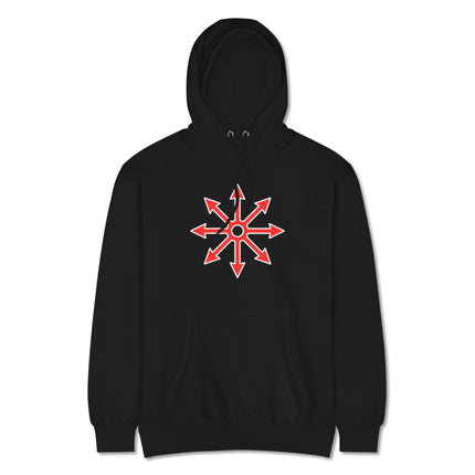 Black pullover hoodie featuring a symbolic chaos star graphic design print.