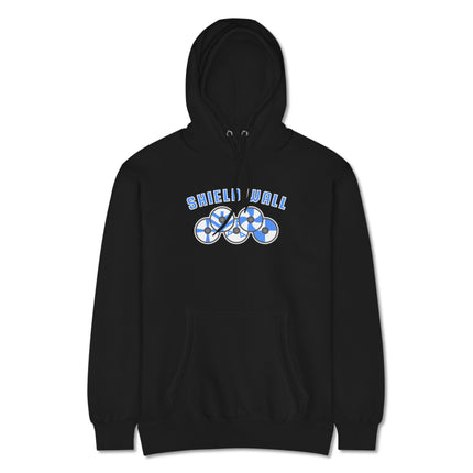 Norse Viking shield wall graphic hoodie featuring warrior designs and ancient mythology print.