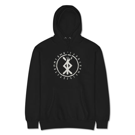 Viking rune pullover hoodie featuring Norse protection bind Futhark symbols.