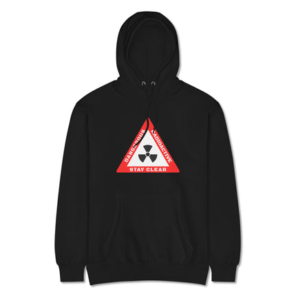 Black hoodie featuring a radioactive hazard symbol and "Stay Clear" warning sign design.