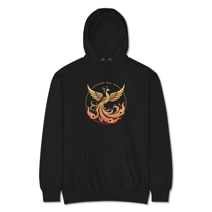Phoenix rising from flames graphic on a unisex pullover hoodie, featuring fiery mythological art.