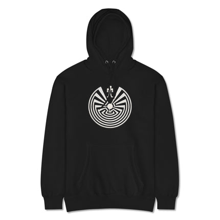 Tohono O'odham Man in the Maze symbol graphic printed on a black pullover hoodie.