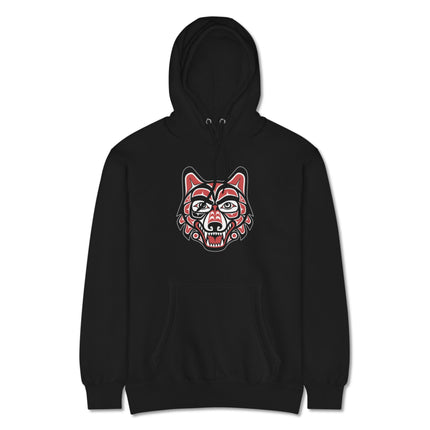 Tribal wolf head art hoodie featuring Pacific Northwest indigenous design.