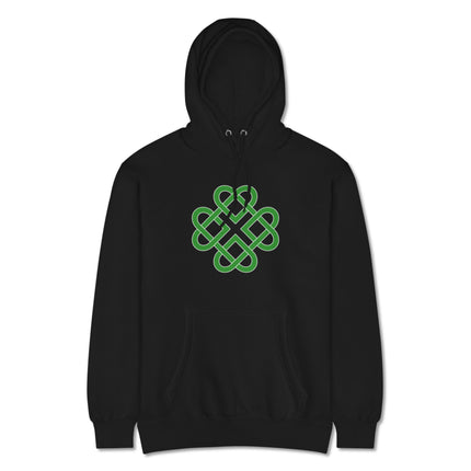 Green hoodie featuring a traditional Celtic heart knot clover design in vibrant Irish green.