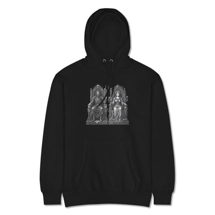 Hades and Persephone throne artwork on a hoodie, featuring Greek mythology underworld king and queen royalty.