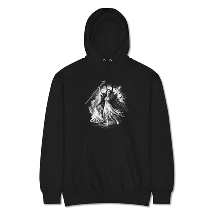 The Morrigan Celtic Knot hoodie featuring raven goddess and celestial moon mythology design.