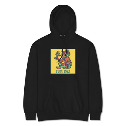 YUM KAX Mayan Corn God artwork featuring Mesoamerican culture on a fleece pullover hoodie.