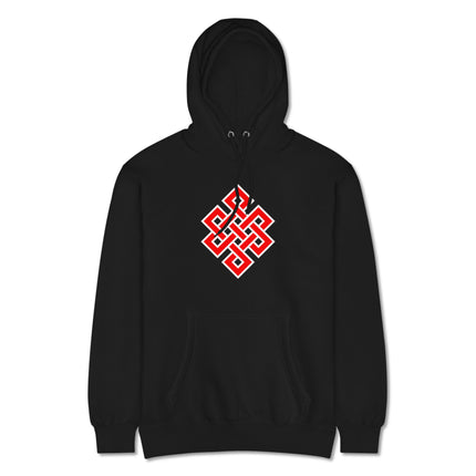 Red Endless Knot Buddhist symbol graphic pullover fleece hoodie.