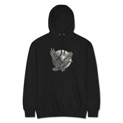 Gothic pullover hoodie featuring a raven and crescent moon graphic print.
