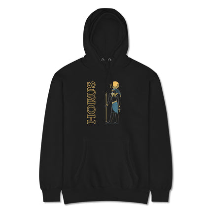 Graphic pullover hoodie featuring Horus, the Egyptian god, with an Ankh symbol and staff design print.