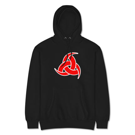 Red Odin's Horns Norse Viking symbol graphic on unisex pullover fleece hoodie.