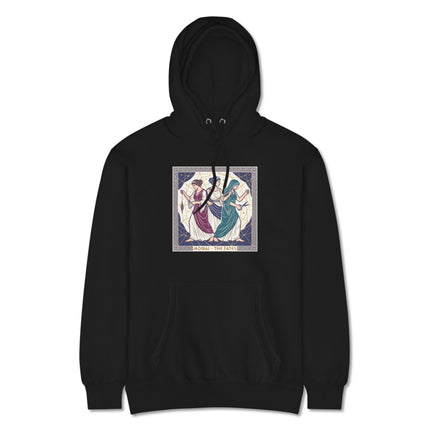 Moirai The Fates Greek mythology hoodie design featuring goddesses of destiny artwork.