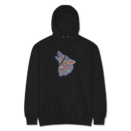 Vibrant Huichol folk art hoodie featuring a howling wolf design from Mexico.