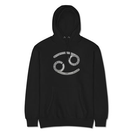 Intricate Cancer zodiac sign hoodie featuring ornate astrology artwork for celestial enthusiasts.