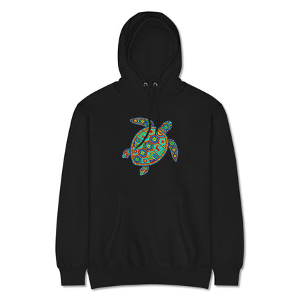 Vibrant Huichol tribal sea turtle graphic pullover fleece hoodie featuring detailed artwork.