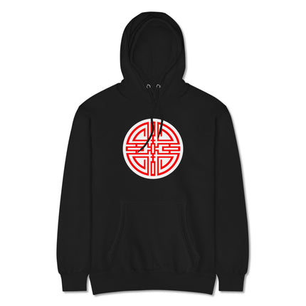 Red pullover hoodie featuring a Chinese Cai wealth symbol graphic design.