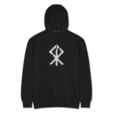 Black rune-themed pullover hoodie featuring the Courage Bind Norse Viking warrior symbol design.